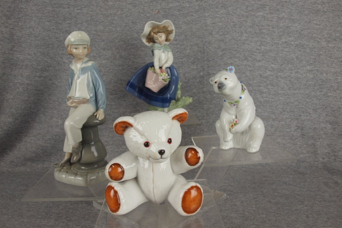 Lladro lot of 3 figures, girl with flower basket, 7",: Lladro lot of 3 figures, girl with flower basket, 7", boy with sailboat, 9" & polar bear, 5", & Royal Copenhagen teddy bear, 4 1/2"