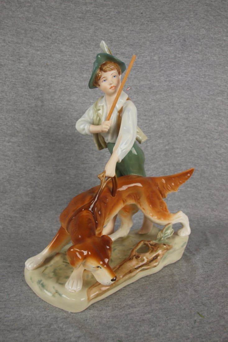 Royal Dux figure of a boy with hunting dog, 14"h: Royal Dux figure of a boy with hunting dog, 14"h
