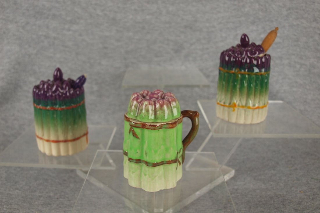 Lot of 3 Majolica asparagus mustard pots: Lot of 3 Majolica asparagus mustard pots