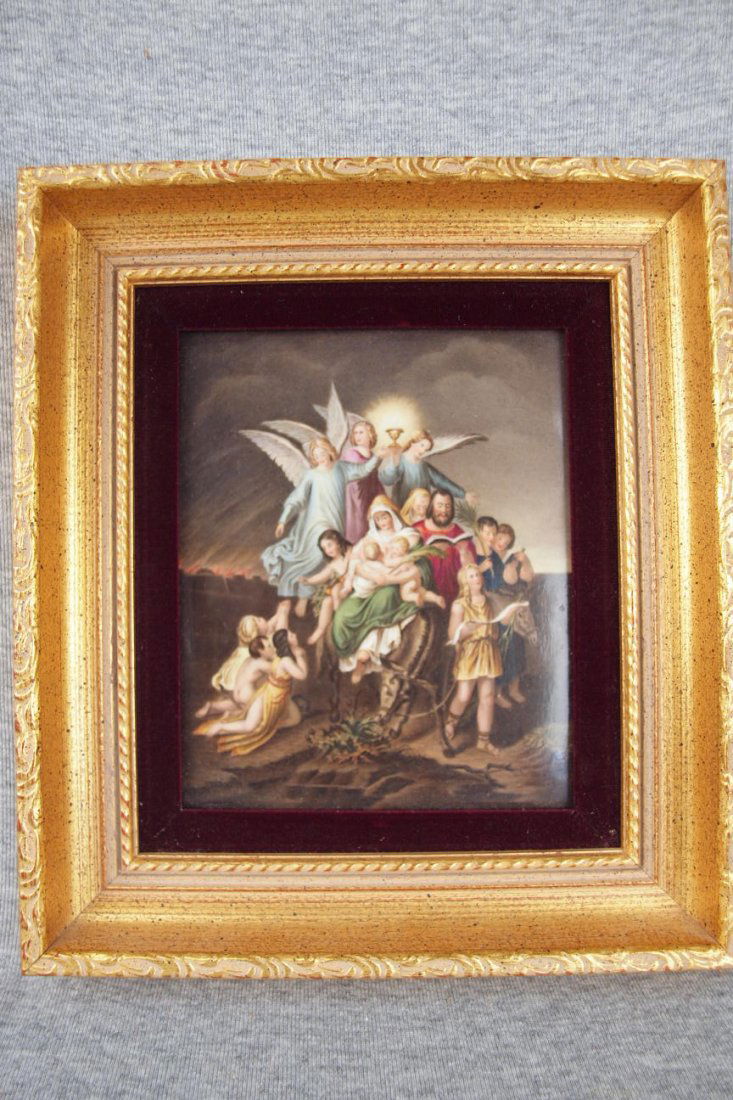 KPM porcelain plaque signed Kaulbach depicting a group: KPM porcelain plaque signed Kaulbach depicting a group of Christians from Kaulbach's 1846 painting "The Destruction of Jerusalem by Titus" 6" x 8" plaque size, 10" x 11 1/2" frame size