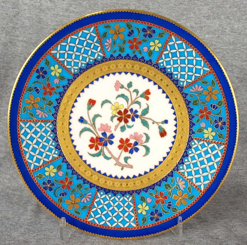 Excellent quality Minton bone china faux cloisonne': Excellent quality Minton bone china faux cloisonne' cabinet plate designed by Christopher Dresser, c1875, Caldwell & Co, Philadelphia, 9 1/2"