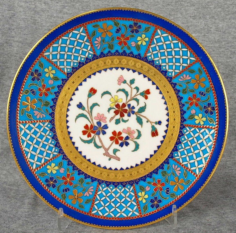 Excellent quality Minton bone china faux cloisonne': Excellent quality Minton bone china faux cloisonne' cabinet plate designed by Christopher Dresser, c1875, Caldwell & Co, Philadelphia, 9 1/2"