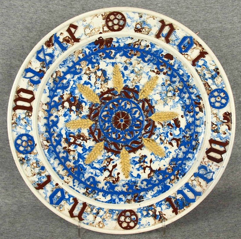 Rare and unusual Minton 'Waste not want not' tray after: Rare and unusual Minton 'Waste not want not' tray after a design by A.W.N. Pugin, c1870, 13 3/4", hairline. The color palette suggests this may be an experimental piece by Minton designer Charles Toft