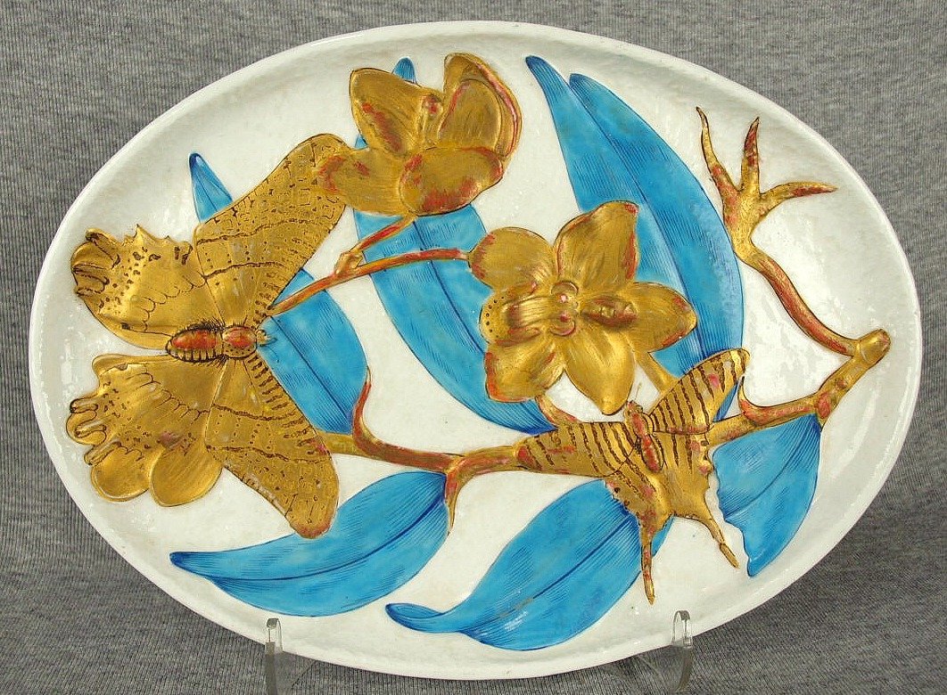 Rare George Jones bone china dressing ttay, aesthetic: Rare George Jones bone china dressing ttay, aesthetic movement, decorated with gold butterflies and orchids with turquoise blue leaves all on a white ground, c1875, 11"