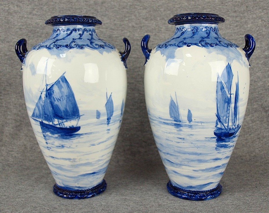 Pair of Crown Derby vases, blue & white, seascapes in: Pair of Crown Derby vases, blue & white, seascapes in style of W.E. Dean, c1890,
