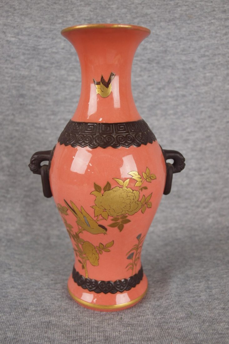 Rare Minton aesthetic movement style vase with faux: Rare Minton aesthetic movement style vase with faux iron Japanese style decoration to the neck and ring handles, gilded flowers and birds to the body, all on a pink ground, c1875, 7 1/2", professional