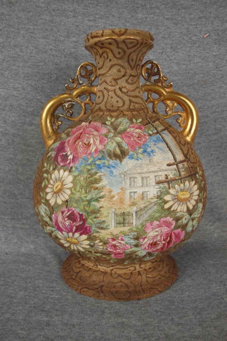 Royal Bonn tapestry vase with scene of white house and: Royal Bonn tapestry vase with scene of white house and iron fence, 11"