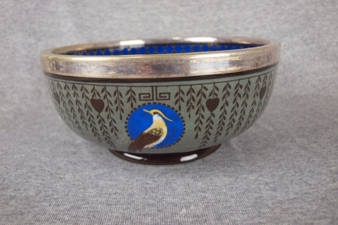 Royal Doulton Titanium bowl with birds & silver rim, 8": Royal Doulton Titanium bowl with birds & silver rim, 8"