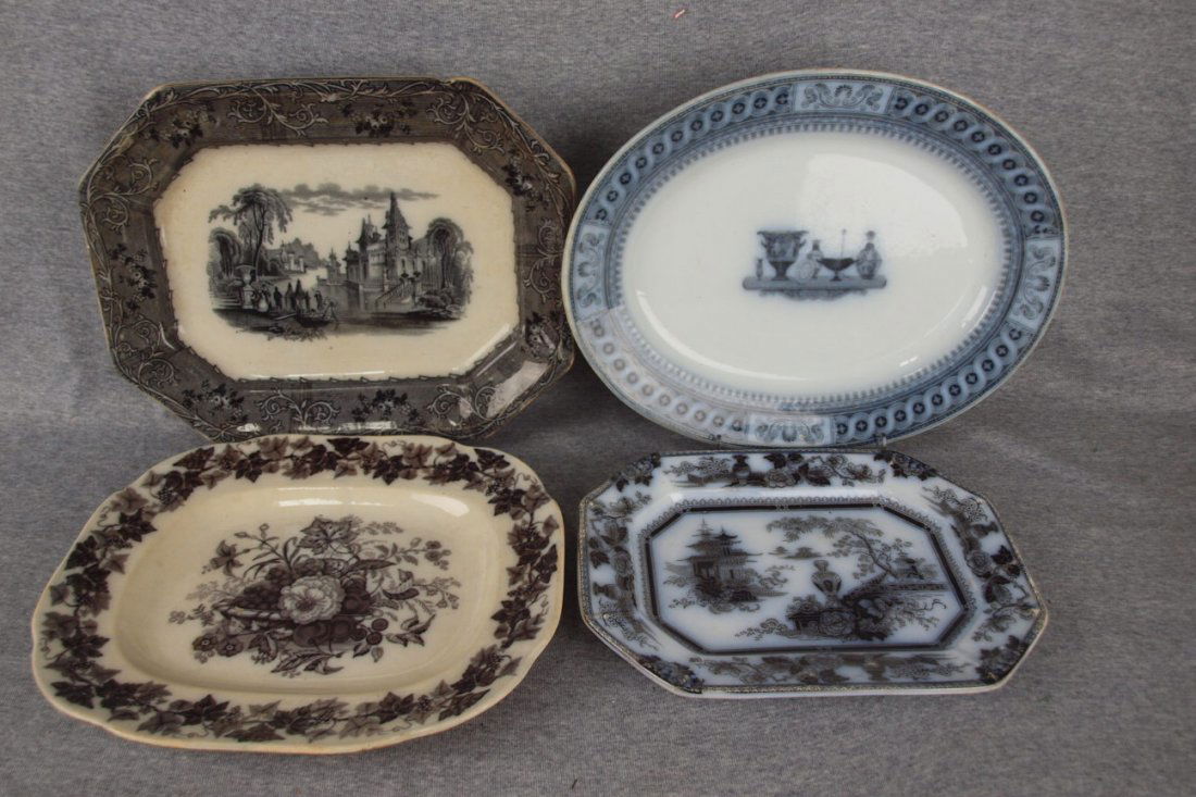 Mulberry transferware lot of 4 platters, various: Mulberry transferware lot of 4 platters, various conditions