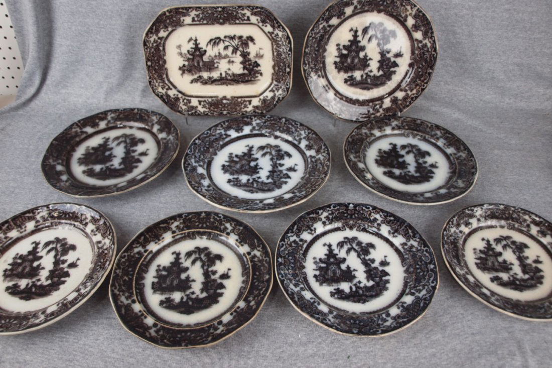 Mulberry transferware lot of 8 plates & platter, Corean: Mulberry transferware lot of 8 plates & platter, Corean pattern, various condition