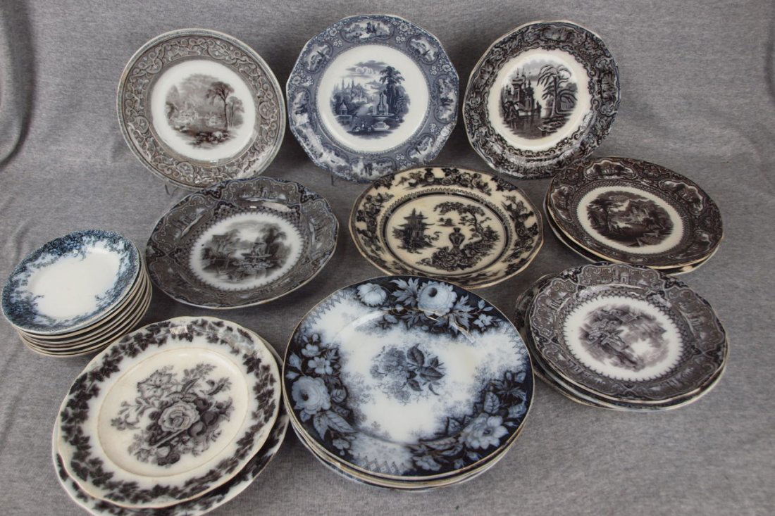 Mulberry transferware lot of 24 plates & saucers,: Mulberry transferware lot of 24 plates & saucers, various patterns & conditions