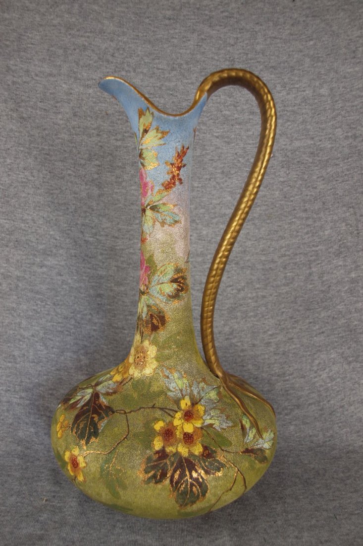 Royal Bonn tapestry ewer with gilted handle, 14": Royal Bonn tapestry ewer with gilted handle, 14"