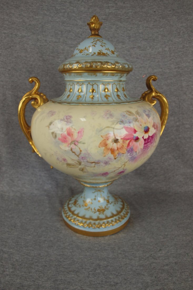 Royal Bonn large handled covered urn with floral motif,: Royal Bonn large handled covered urn with floral motif, 16", made for Bailey Banks & Biddle, Philadelphia, handle tip restuck.