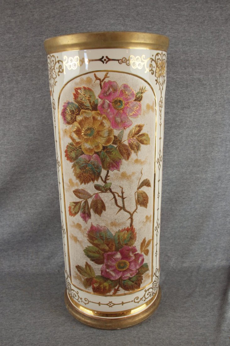 Royal Bonn tapestry floral umbrella stand, 23": Royal Bonn tapestry floral umbrella stand, 23", some wear to gold
