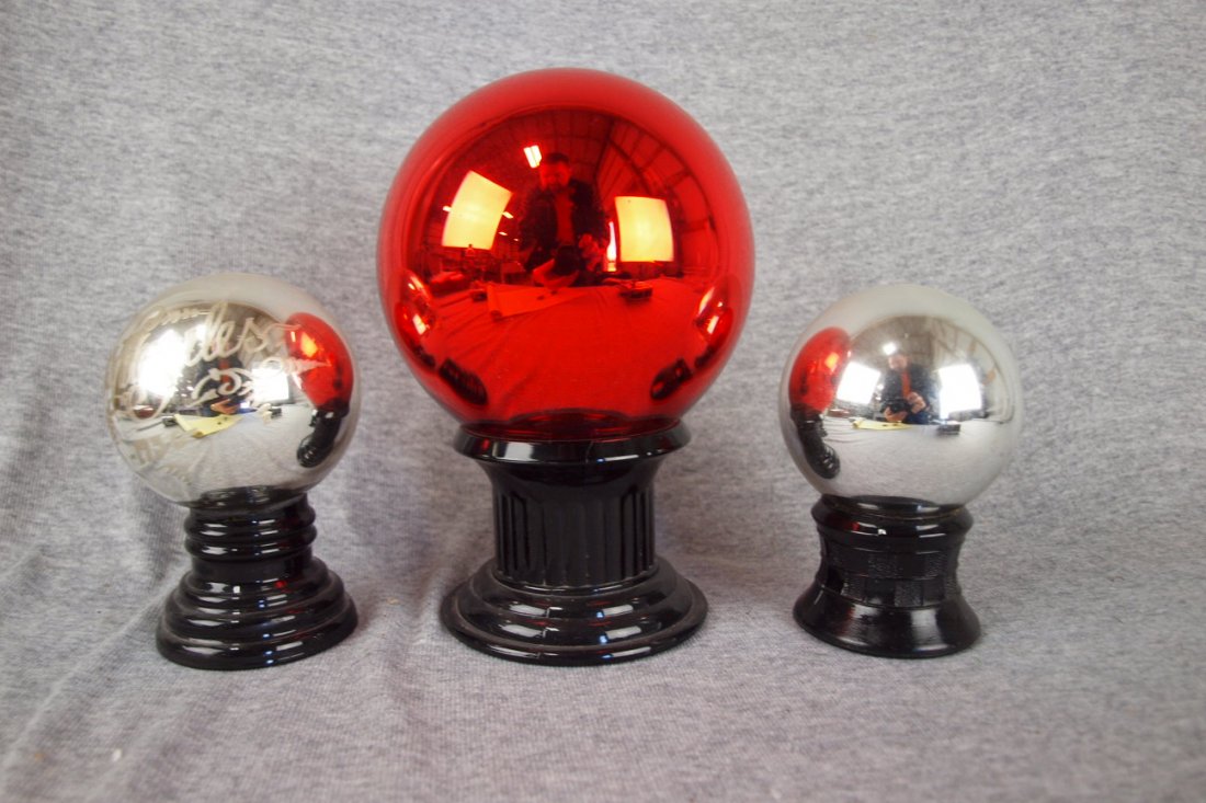 Early Mercury glass lot of 3 pedestal balls, one etched: Early Mercury glass lot of 3 pedestal balls, one etched "Los Angeles 1936", 4 1/2 to 8"