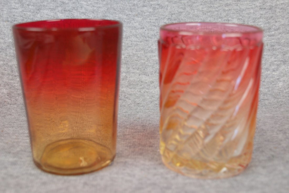 Amberina art glass water tumblers, smooth ribbed and: Amberina art glass water tumblers, smooth ribbed and reversed swirl