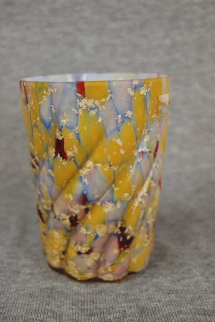 Cased spatter glass reverse swirl tumbler, nick: Cased spatter glass reverse swirl tumbler, nick