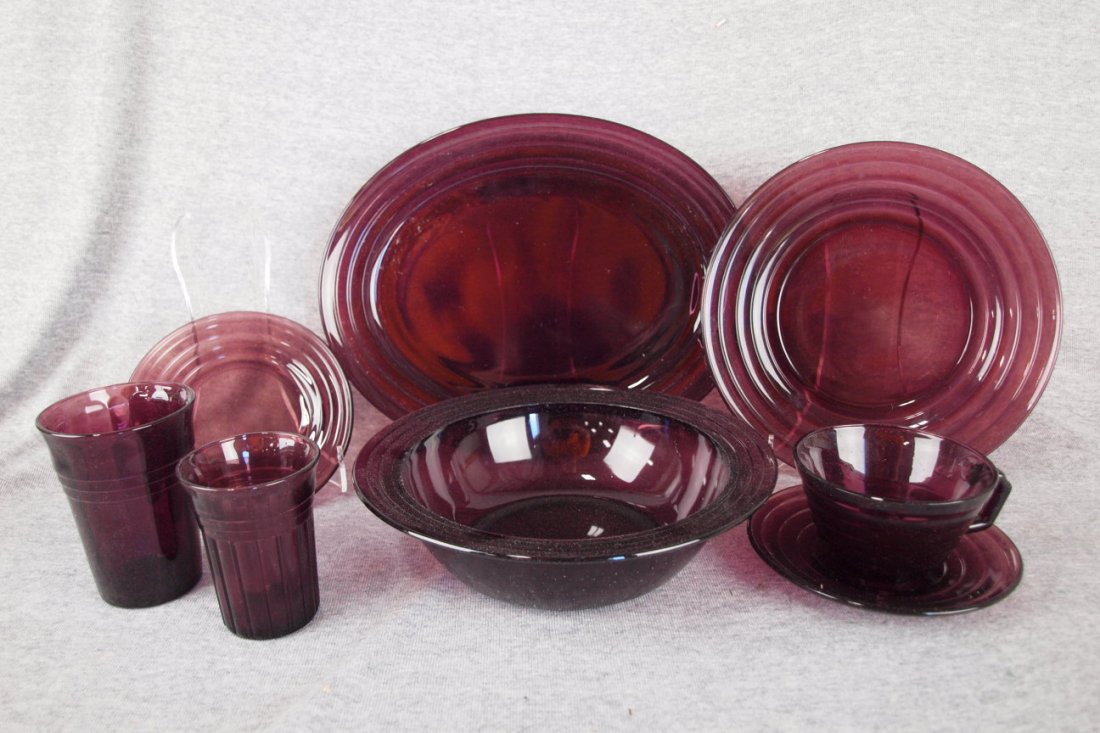 Amethyst Hazel Atlas New Century set of glassware, 55: Amethyst Hazel Atlas New Century set of glassware, 55 pcs - 12" platter, 9" bowl, 10 - 9" plates, 10 - 6" plates, 7 - 4" tumblers, 10 - 3 1/2" tumblers, 8 cups & saucers