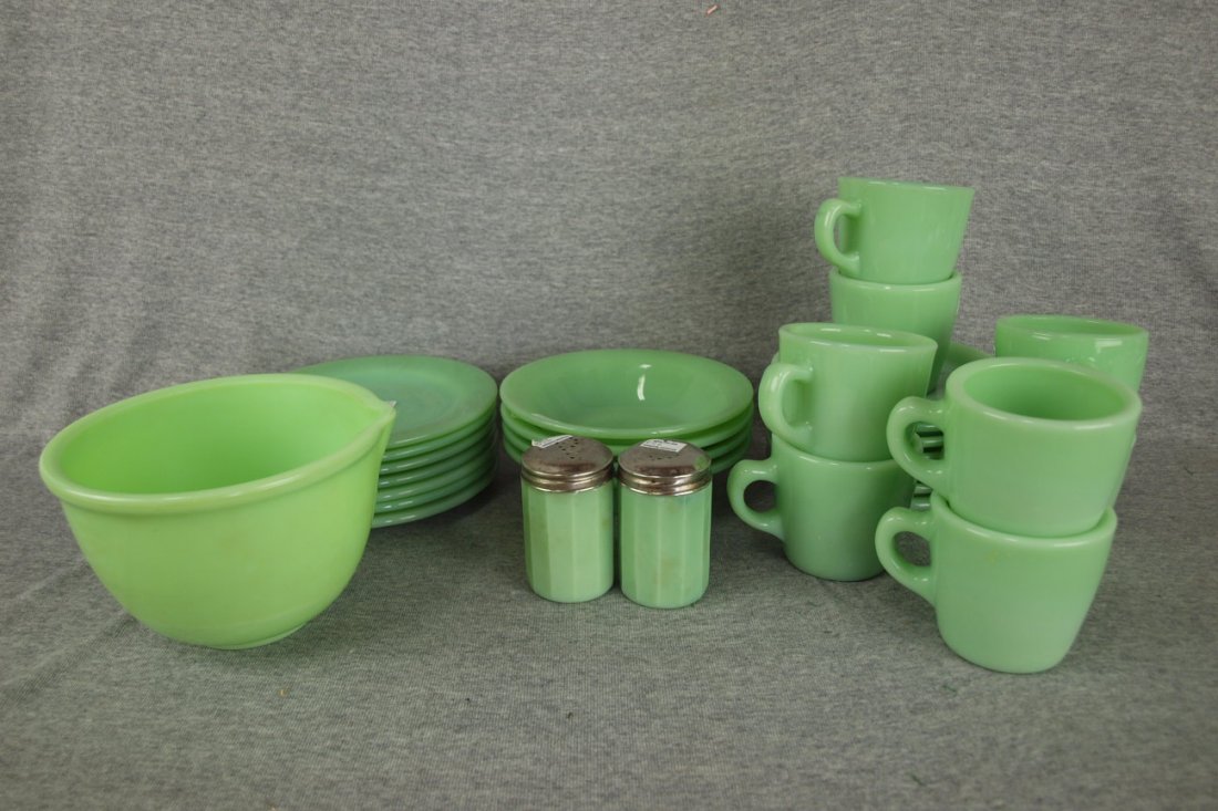 Fireking Ovenware jadite lot of restaurant ware, 8 cups: Fireking Ovenware jadite lot of restaurant ware, 8 cups & 7 saucers, 7 - 6 3/4" plates, 4 cereal bowls, mixing bowl, salt & pepper, chip to one plate