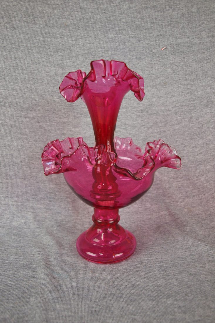 Cranberry glass epergne, 9 1/2": Cranberry glass epergne, 9 1/2"
