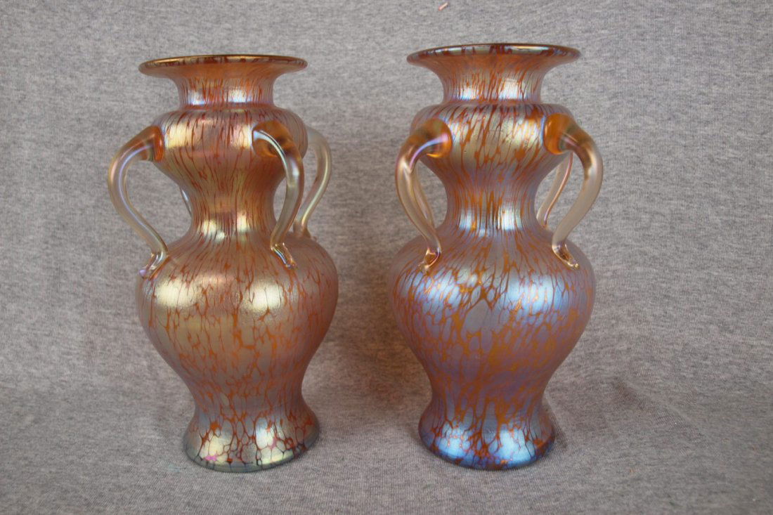 Pair of Loetz type art glass vases with 4 handles, 9: Pair of Loetz type art glass vases with 4 handles, 9 3/4"