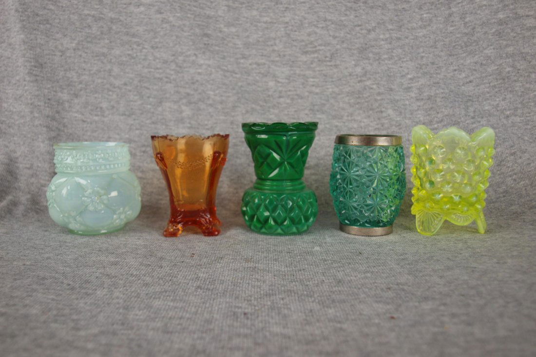 Lot of 5 pattern glass toothpick holders, nick to light: Lot of 5 pattern glass toothpick holders, nick to light green