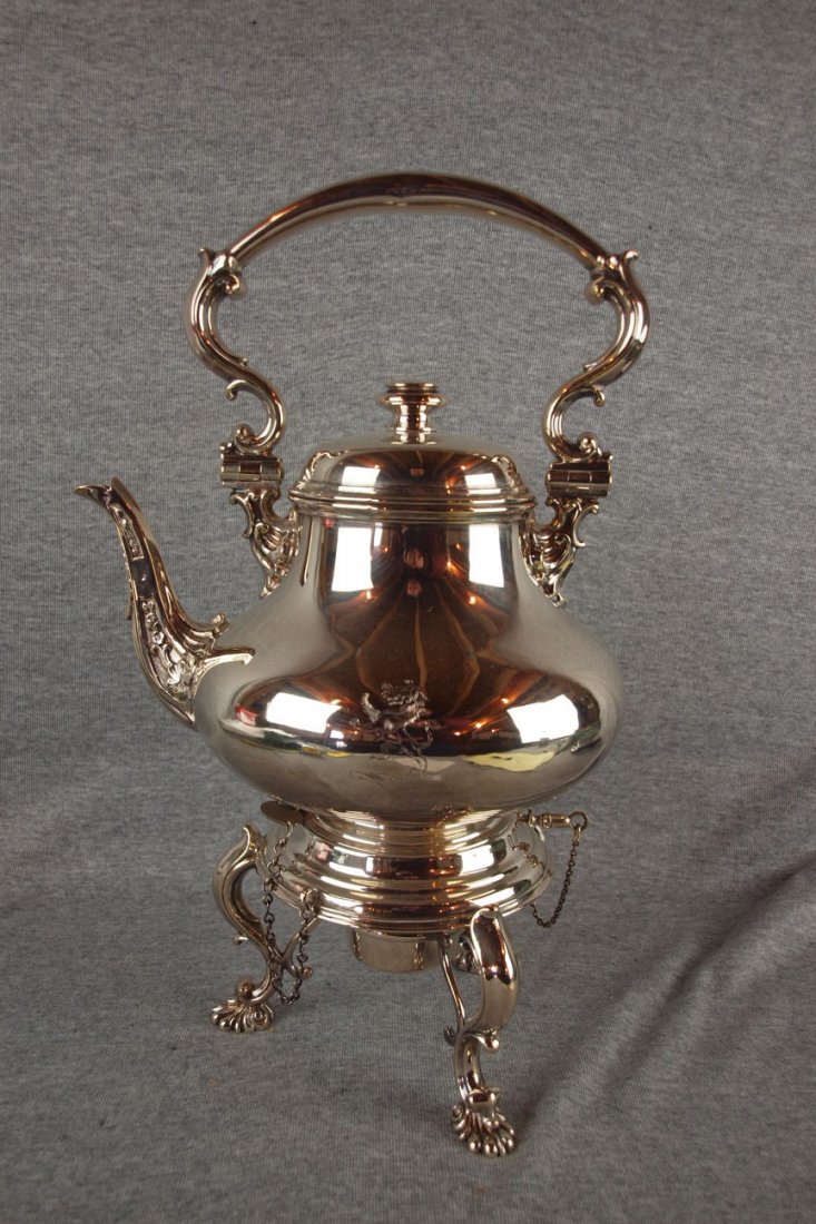 Elkington silver tea kettle on stand, 15 1/2"h: Elkington silver tea kettle on stand, 15 1/2"h