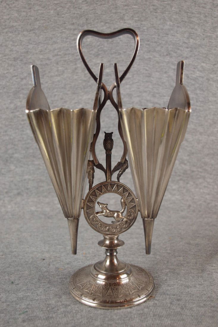 Silver plate spoon holder holder with two sets of: Silver plate spoon holder holder with two sets of bellows, fox and owl, 9", Wilcox Silver Co, 5" wide