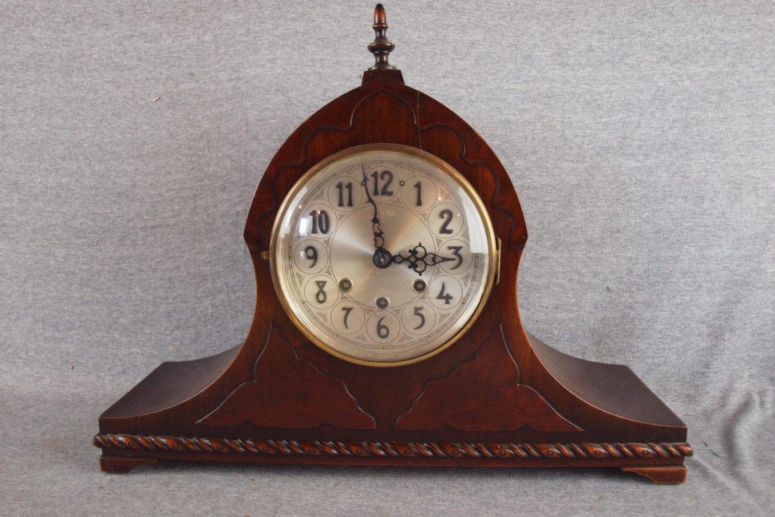 German mantle clock with finial 20 1/2"w with: German mantle clock with finial 20 1/2"w with Westminster chimes
