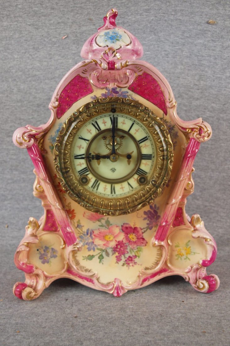 Ansonia china clock with open escapement, Royal Bonn: Ansonia china clock with open escapement, Royal Bonn case, 14"h