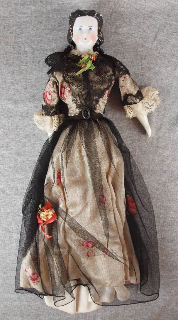 1850's china head doll C.F. Kling Empress Eugenie: 1850's china head doll C.F. Kling Empress Eugenie variant with china arms & legs, old repair to head, 19"