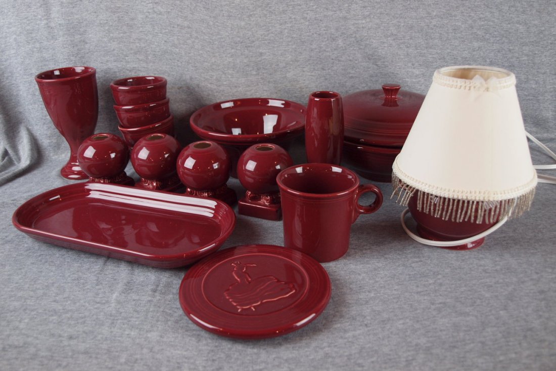 Fiesta post 86 cinnabar group - goblet, 4 small footed: Fiesta post 86 cinnabar group - goblet, 4 small footed bouillon cups, flared bowl, casserole, 2 pair bulb candle holders, bud vase, teapot lamps, bread tray mug & trivet, 2 AD cups & saucers