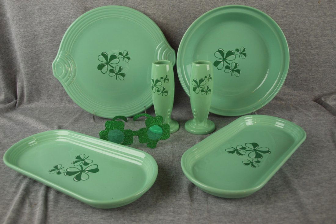 Fiesta post 86 sea mist green lot of 6 Shamrock decal: Fiesta post 86 sea mist green lot of 6 Shamrock decal pieces and pair of Shamrock sunglasses