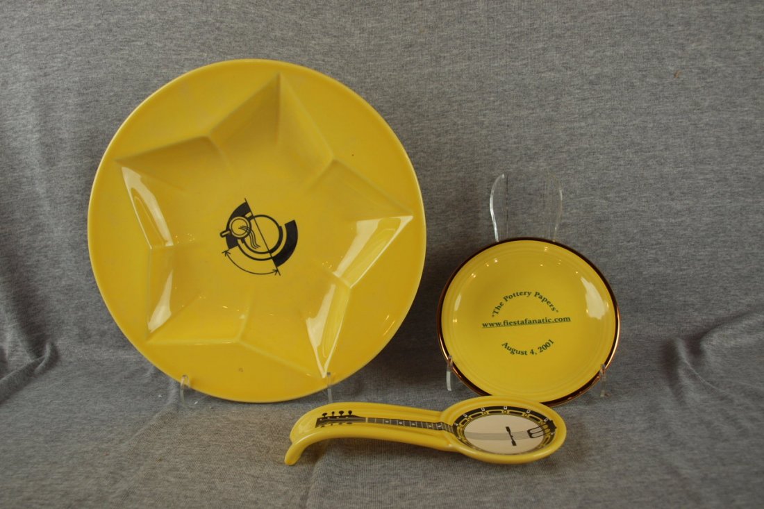 Fiesta Post 86 sunflower lot of 3 pieces - 2001 HLCCA: Fiesta Post 86 sunflower lot of 3 pieces - 2001 HLCCA Conference star bowl, 2010 HLCCA Conference banjo spoon rest & 6" plate "The Pottery Papers", www.fiestafanatic.com , August 4, 2001