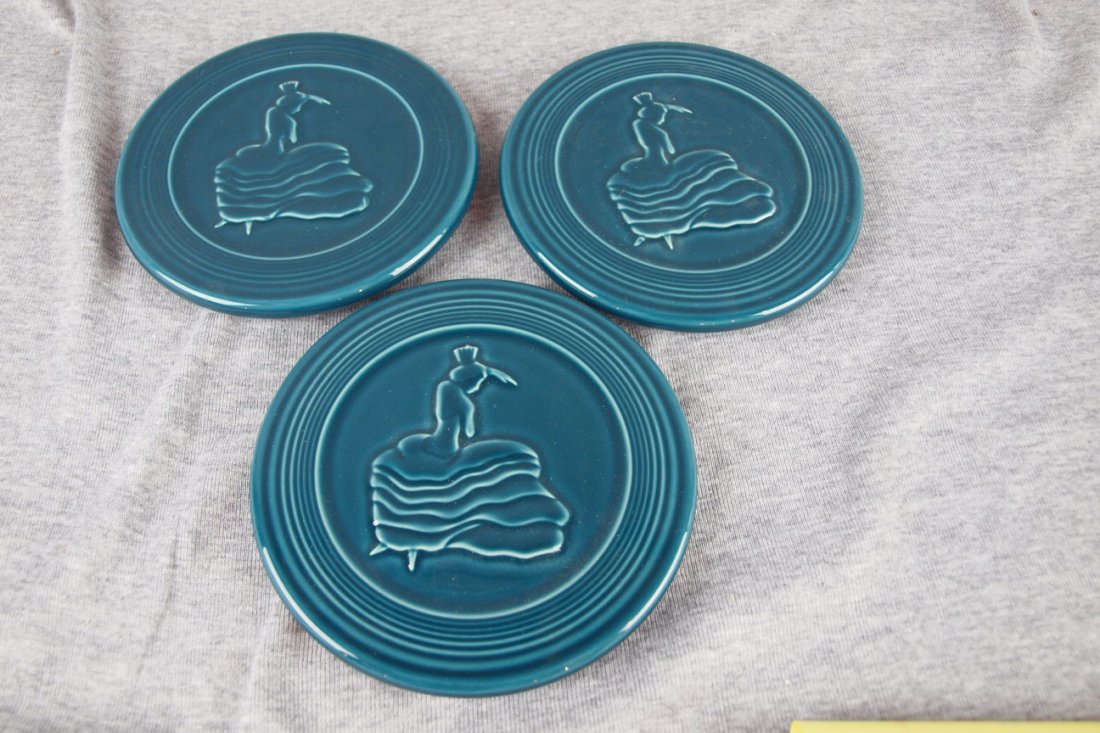 Fiesta Post 86 juniper lot of 3 dancing girl trivets: Fiesta Post 86 juniper lot of 3 dancing girl trivets