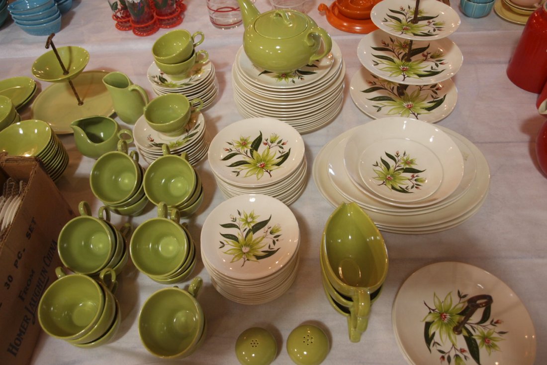 Homer Laughlin chartreuse Rythm & HLC green floral set: Homer Laughlin chartreuse Rythm & HLC green floral set of dinnerware, 169 pcs
