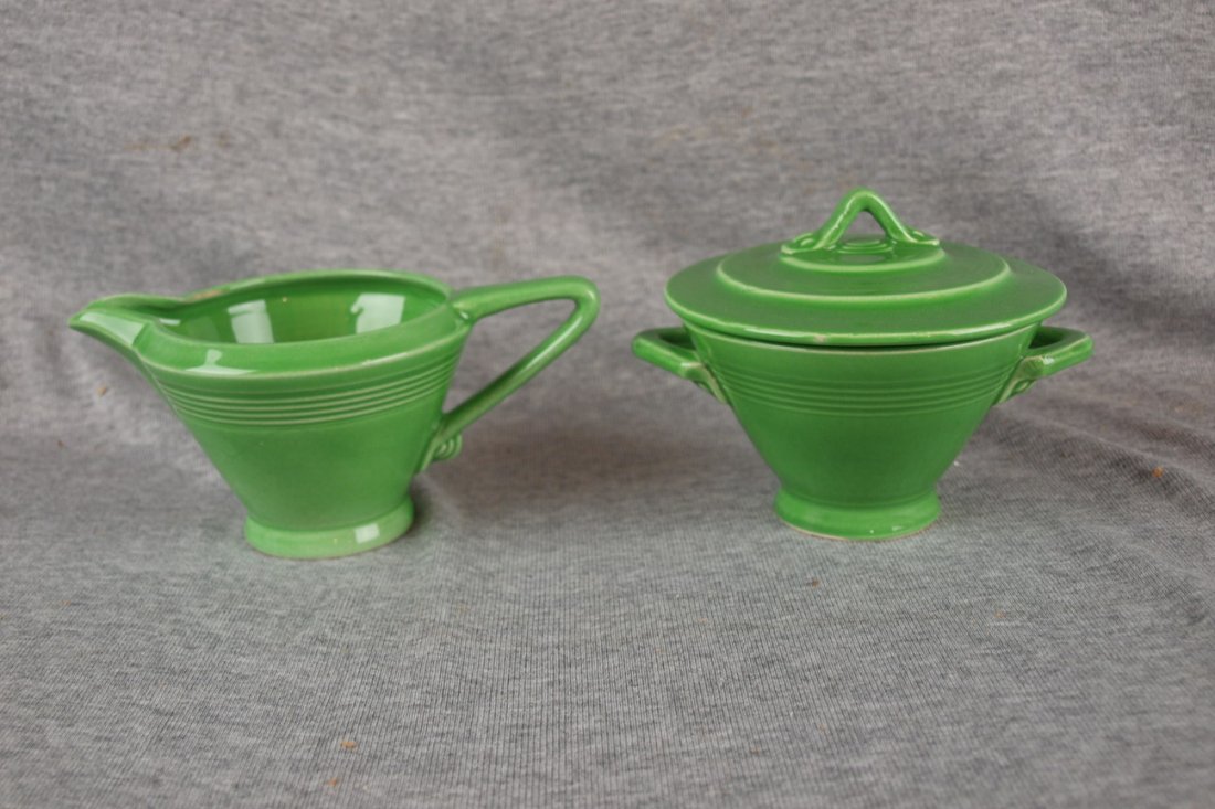 Harlequin medium green creamer (minor glaze rub) &: Harlequin medium green creamer (minor glaze rub) & sugar