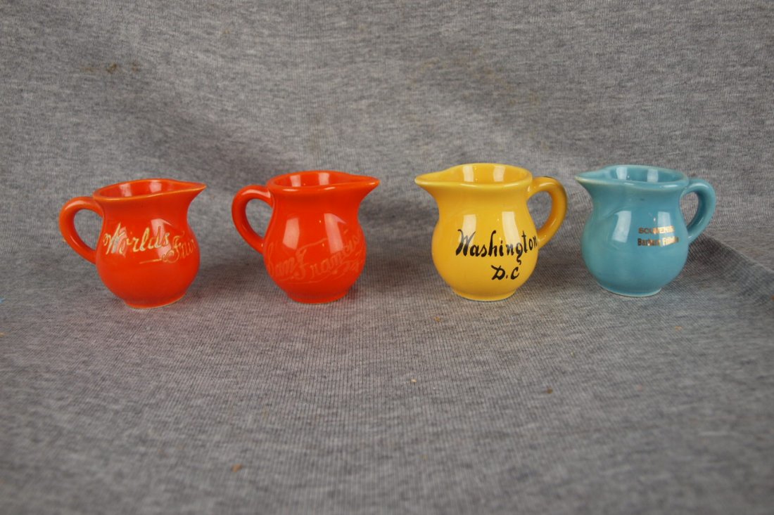 Harlequin souvenir individual creamer group, ref: Harlequin souvenir individual creamer group, ref Huxford 10th Edition pg 107, red - World's Fair (spout nick), red - San Francisco 1941, yellow - Washington DC, turquoise - Barbara Fritchie