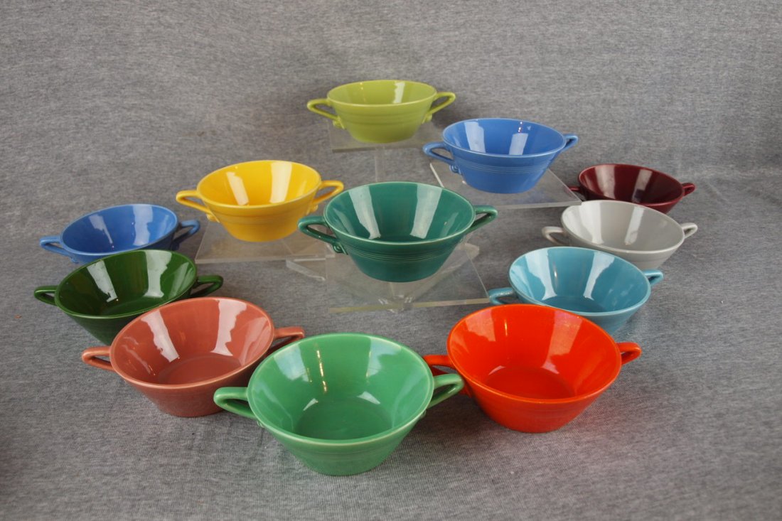Harlequin lot of 12 cream soups. all different color,: Harlequin lot of 12 cream soups. all different color, wear to red, spout nick to gray
