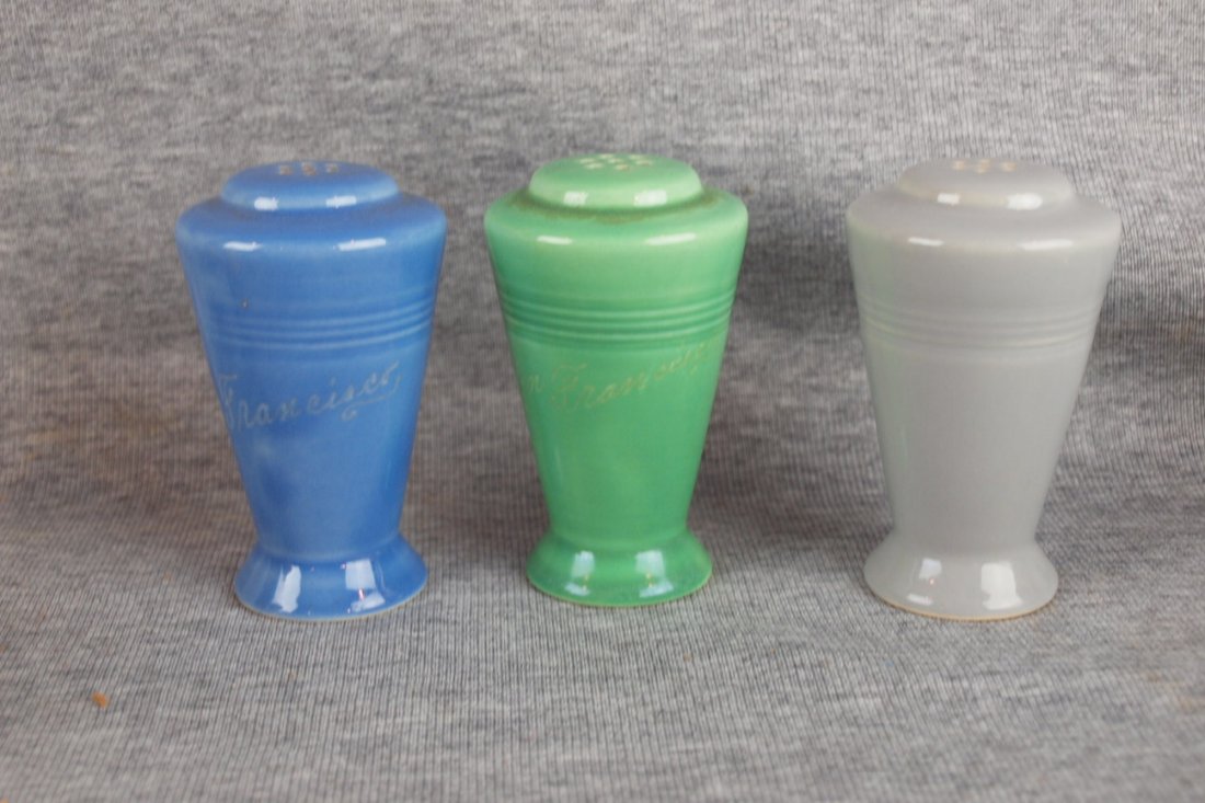 Harlequin salt & pepper shaker, mauve blue & green,: Harlequin salt & pepper shaker, mauve blue & green, engraved San Francisco, & extra gray shaker