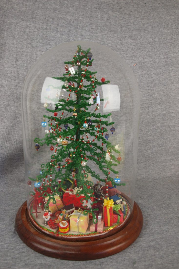 Glass beaded Christmas tree under dome, 13": Glass beaded Christmas tree under dome, 13"