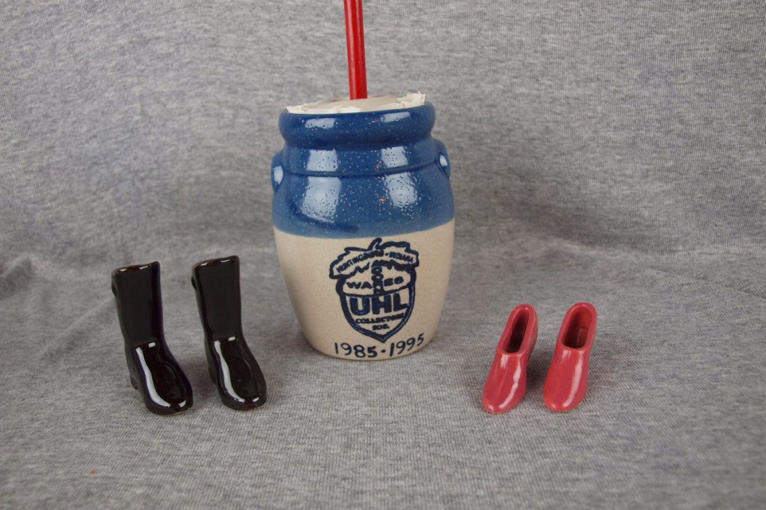 Uhl Pottery 1995 commemorative churn, pair of black boo: Uhl Pottery 1995 commemorative churn, pair of black boots, & pair of pink shoes