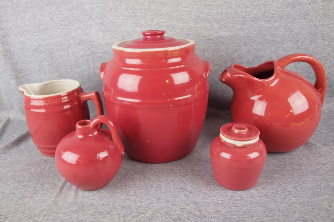 Uhl Pottery lot of 5 pink pcs - 2 pitchers, cookie jar,: Uhl Pottery lot of 5 pink pcs - 2 pitchers, cookie jar, jug & covered jar, (chip to cookie jar & ball jug)