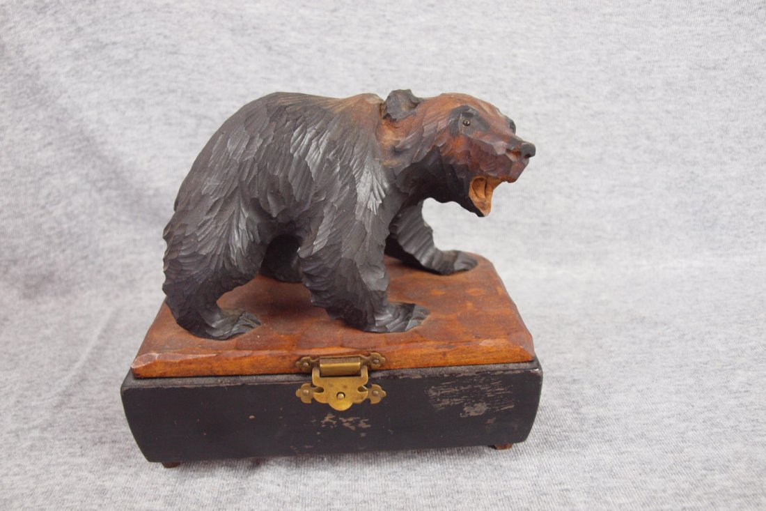 Black Forest carved wood box with bear on cover & music: Black Forest carved wood box with bear on cover & music box inside, 6 1/2"h, 7"w