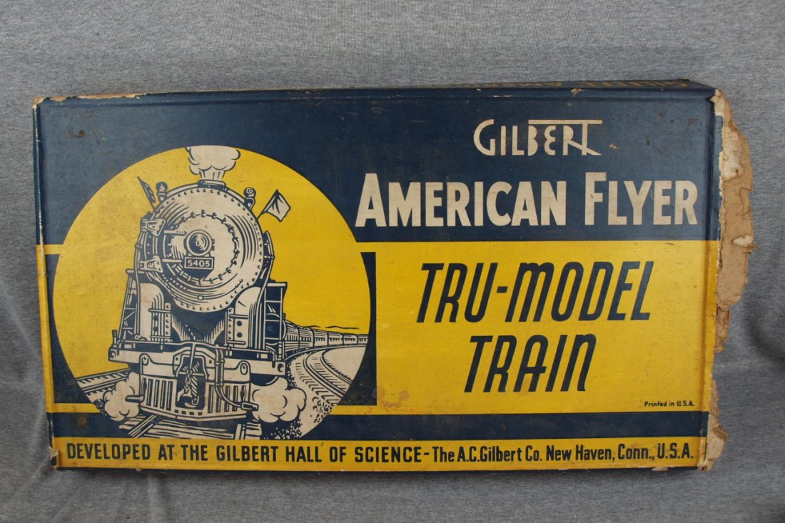 Gilbert American Flyer Tru-Model train with original bo: Gilbert American Flyer Tru-Model train with original box with engine, tender, 3 box cars, 2 gondolas, crane car & caboose - no track