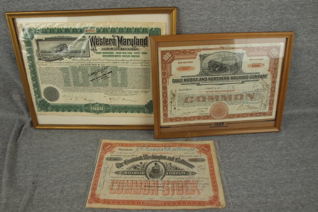 Lot of 3 railroad stock certificates - Western Maryland: Lot of 3 railroad stock certificates - Western Maryland, Gulf Mobile & Northern, Cincinnati Washington & Baltimore