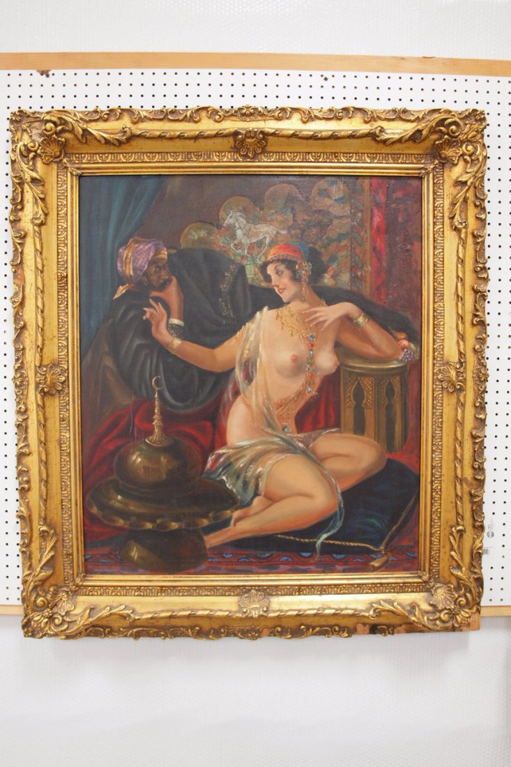 Large oil on canvas of nude Middle Eastern woman with M: Large oil on canvas of nude Middle Eastern woman with Middle Eastern man in background, signed, dated 1920, 30"x35" image size, 41"x46" frame size, losses to frame