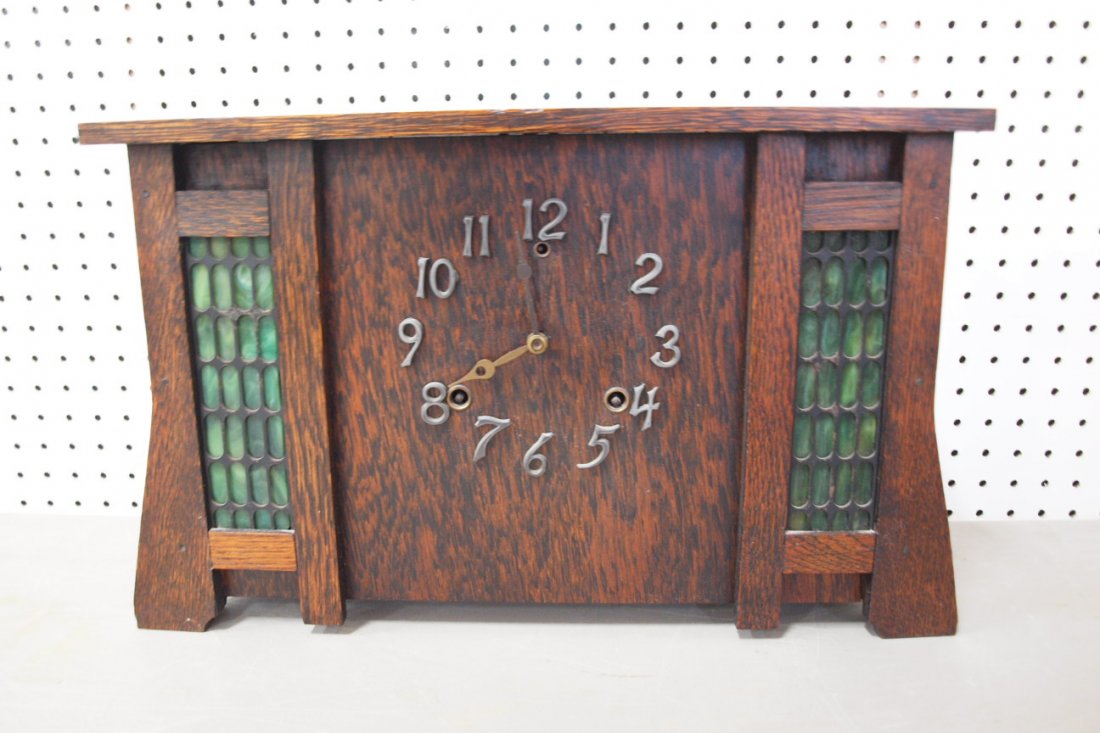 Sessions oak mission style Arts & Crafts mantle clock w: Sessions oak mission style Arts & Crafts mantle clock with green slag glass inserts