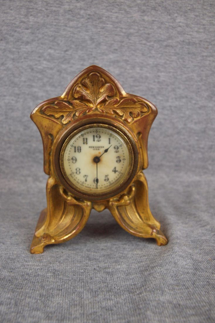 New Haven brass art nouveau novelty clock, 5 1/2": New Haven brass art nouveau novelty clock, 5 1/2"