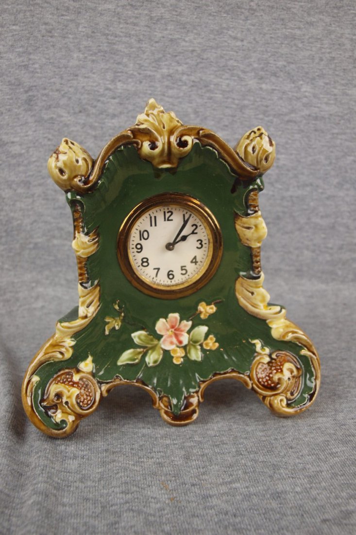 Majolica Art Nouveau china clock with New Haven works, : Majolica Art Nouveau china clock with New Haven works, minor nick to case 7 1/2"